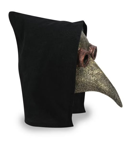 Pestdoktor Schnabelmaske mit schwarzer Haube – Seitenansicht, goldene Latex-Maske mit langen Schnabel und Steampunk-Goggle