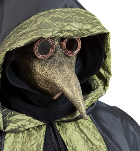 Pestdoktor Schnabelmaske getragen – goldene Maske mit Goggle-Gläsern und grüner Kapuze, Nahaufnahme Halloween Kostüm