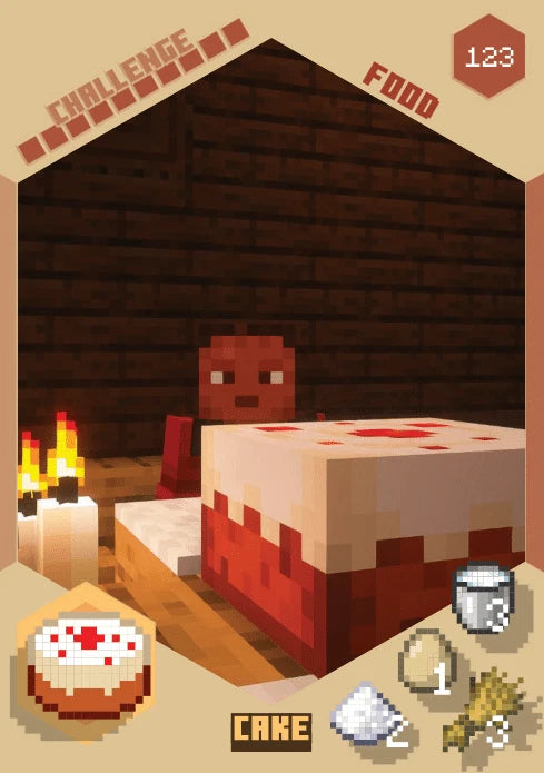 Minecraft Trading Card Nr. 123 – Food Challenge „Cake" mit Creeper der einen Kuchen backt, mit Kerzen und Zutaten