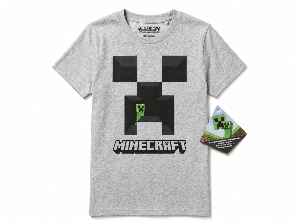 Minecraft Creeper T-Shirt Kinder Hellgrau – Freisteller auf weißem Hintergrund mit Creeper-Print und MINECRAFT-Schriftzug, offizielles Lizenzprodukt