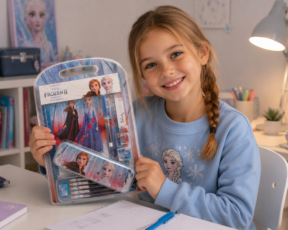 Mädchen hält Disney Frozen 2 Schreibwaren-Set 12-teilig in Originalverpackung – Notizheft, Stifte & Metall-Etui mit Elsa & Anna, Lifestyle