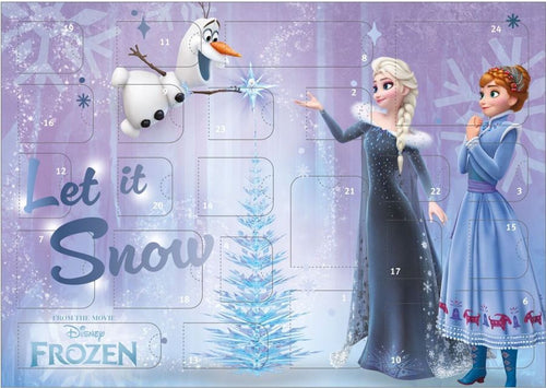 Disney Frozen Adventskalender mit 24 Türchen – Elsa, Anna & Olaf „Let it Snow" Design, lila Hintergrund mit Schneeflocken