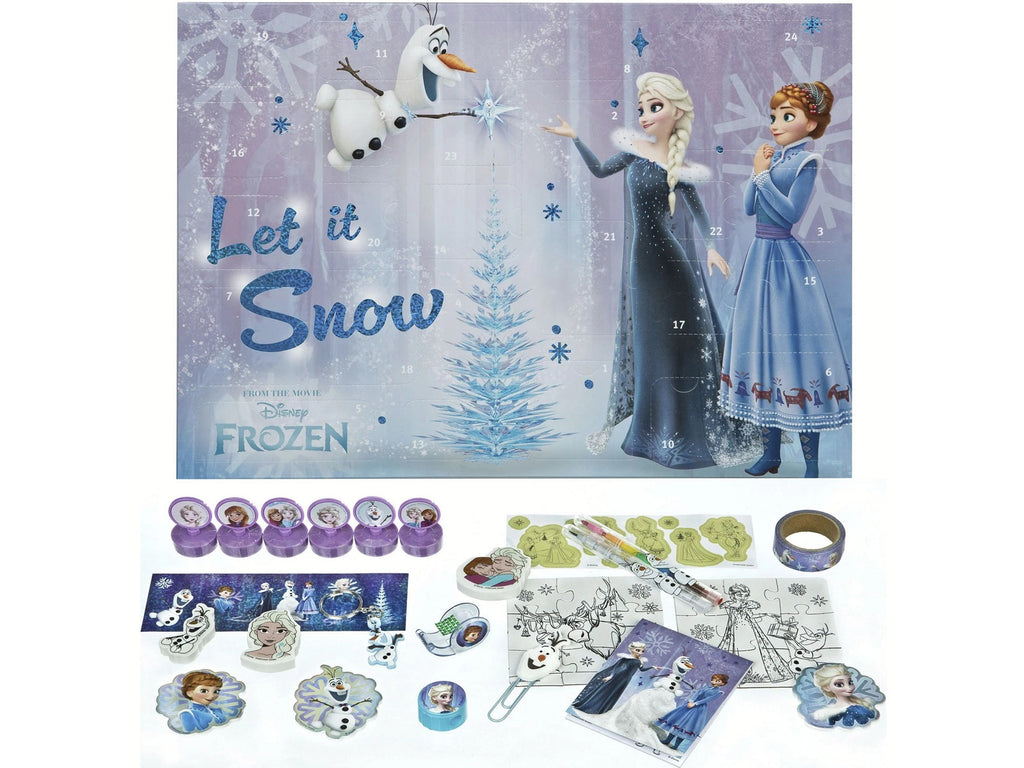 Disney Frozen Adventskalender komplett – Kalenderfront mit Elsa, Anna & Olaf „Let it Snow" und vollem Inhalt: Stempel, Sticker, Puzzles, Washi Tape & Schreibwaren