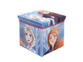 Disney Frozen Aufbewahrungshocker Seitenansicht – Elsa links & Anna rechts auf blauem Stoff, roter Paspelierung, geschlossen mit Deckel, 30x30x30 cm