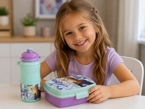 Mädchen mit Disney Frozen Eiskönigin Brotdose & Trinkflasche Set in lila-mint mit Elsa & Anna – Lifestyle