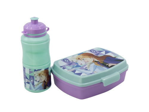 Disney Frozen Eiskoenigin Set mit Trinkflasche und Brotdose lila mint mit Anna und Elsa Motiv