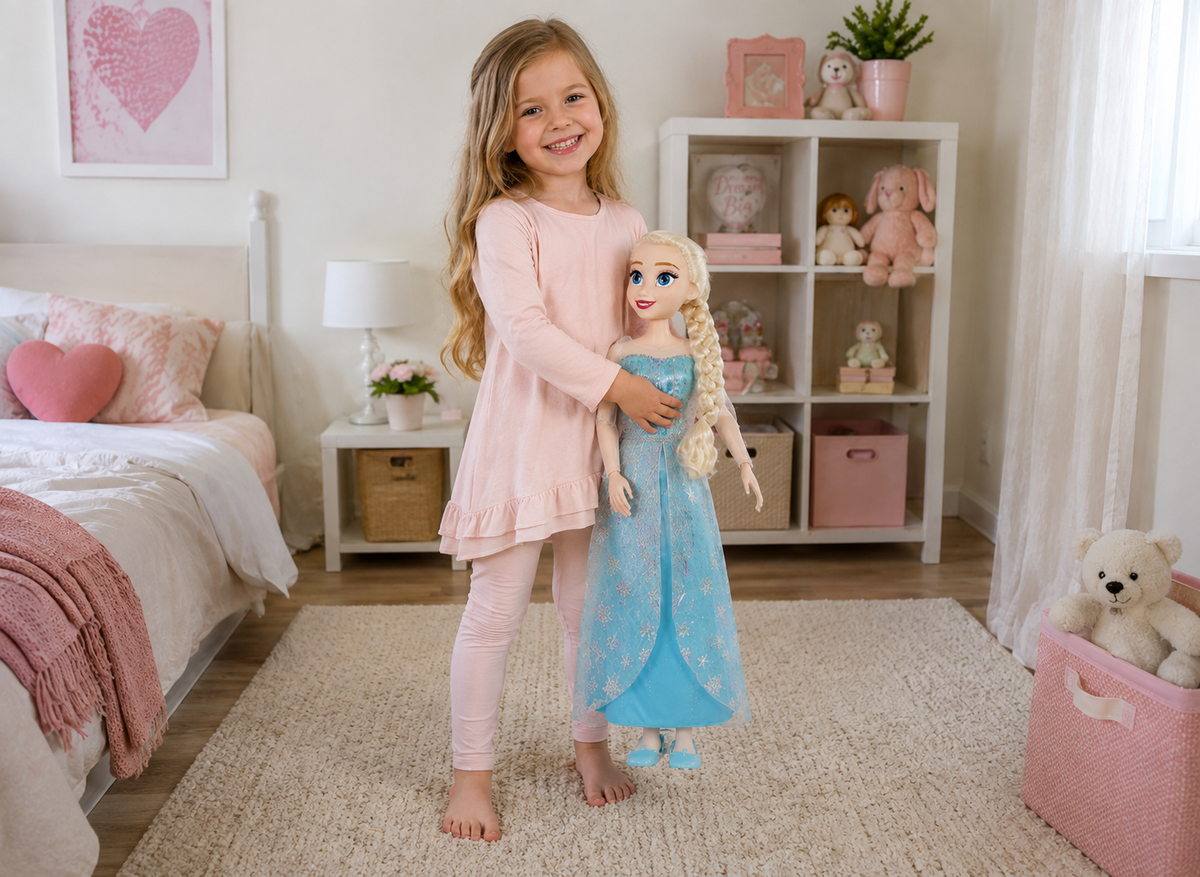 Mädchen hält Disney Frozen Elsa Puppe XXL 80 cm im Kinderzimmer – Größenvergleich, Lifestyle