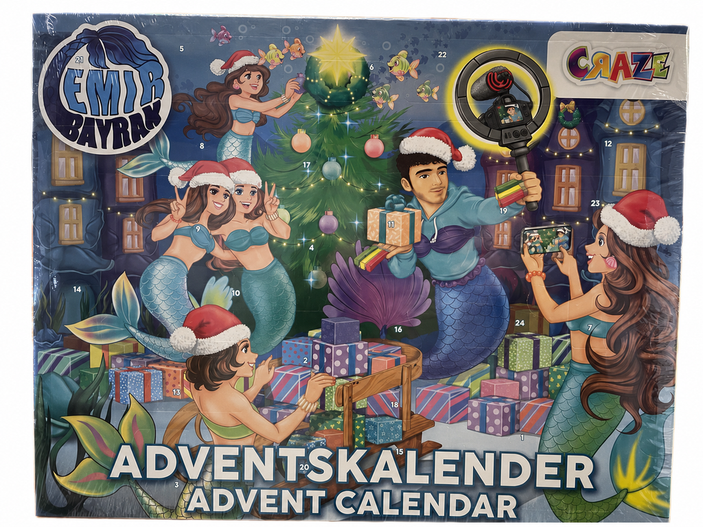 Emir Bayrak Mermaid Adventskalender Vorderseite – CRAZE, 24 Türchen, Meerjungfrauen & Emir Bayrak unter Wasser mit Weihnachtsbaum und Geschenken