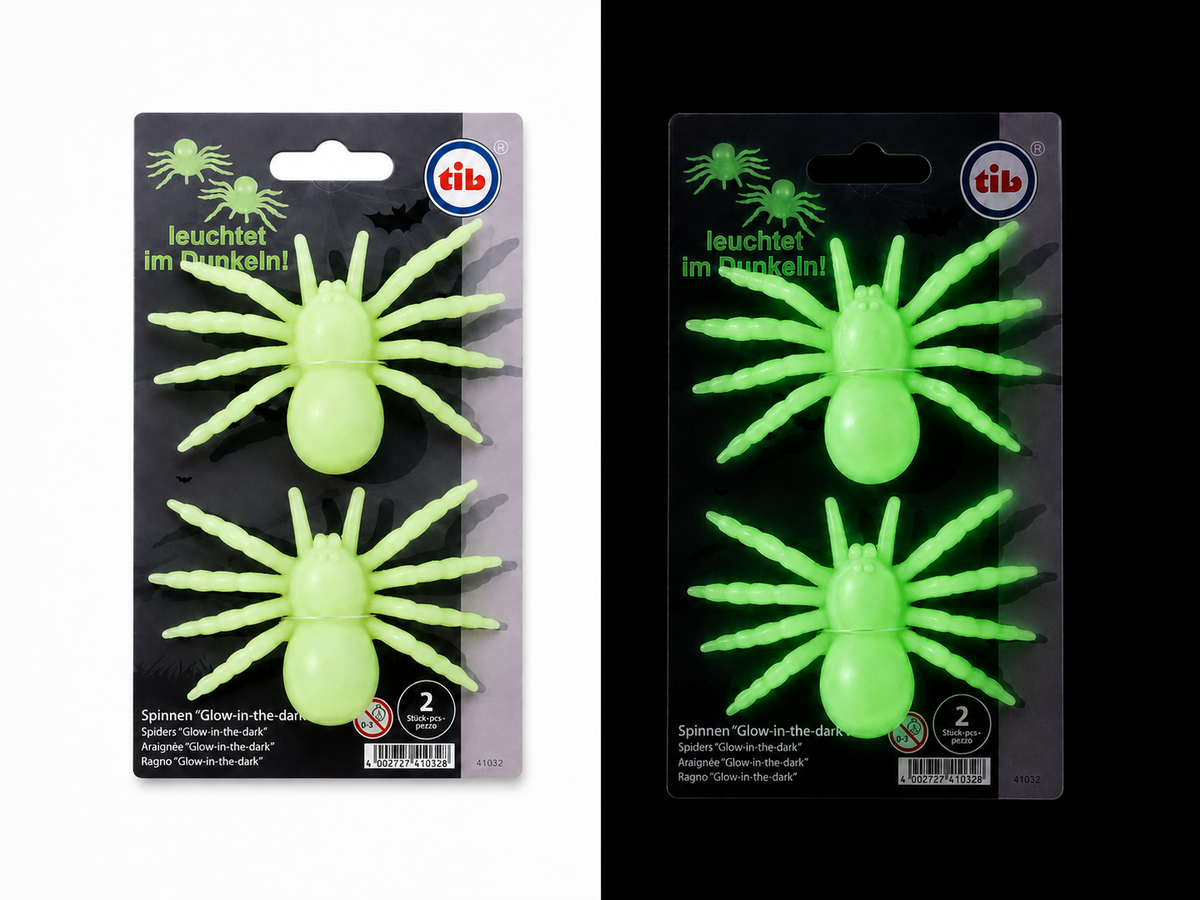 Glow-in-the-Dark Spinnen 2er Set – leuchtet im Dunkeln, grüne Kunststoff-Spinnen für Halloween