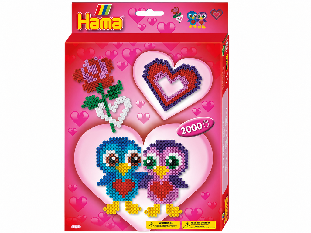 HAMA Bügelperlen Geschenkset Love – Box mit 2000 Midi Perlen, fertige Motive: 2 Vögel, Herz & Rose, Stiftplatte, ab 5 Jahren