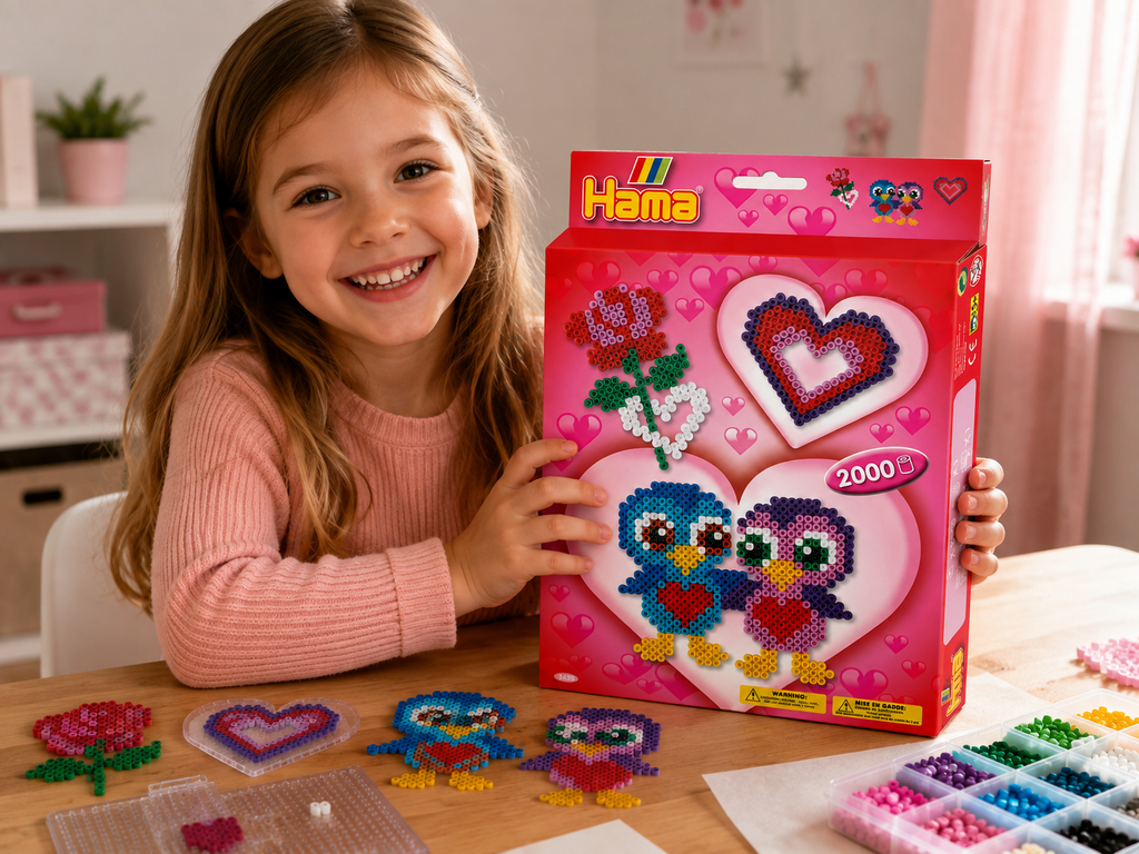 Lächelndes Mädchen zeigt HAMA Bügelperlen Geschenkset Love – auf dem Tisch fertige Motive: Vögel, Herz & Rose, bunte Perlen in Sortierbox