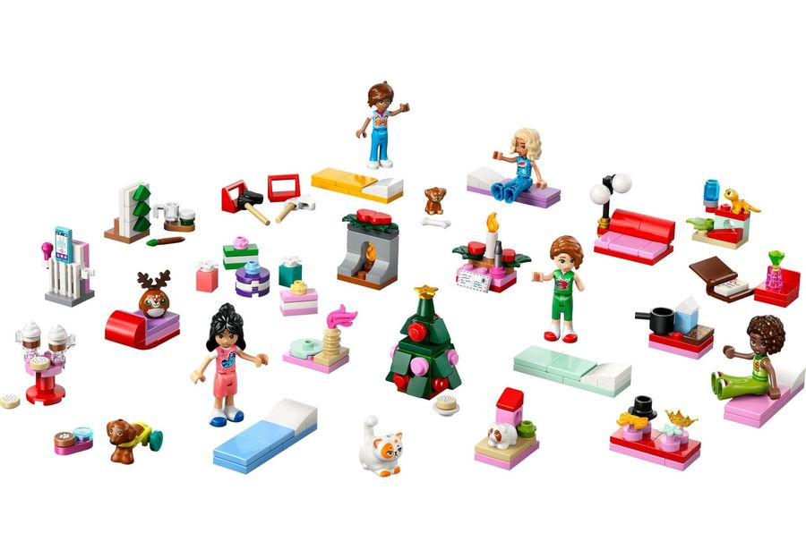 LEGO Friends Adventskalender 2025 (42668) Inhalt – 4 Minifiguren, Tiere, Weihnachtsbaum, Möbel & Zubehör, alle 237 Teile freigestellt