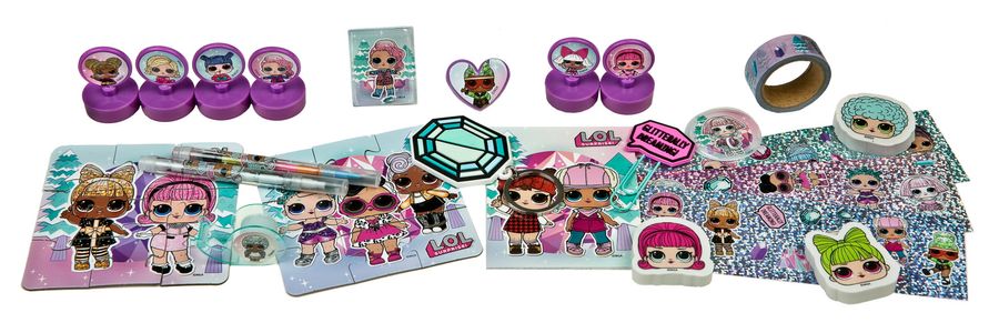 LOL Surprise Adventskalender Inhalt freigestellt – Mini-Stempel, 2 Puzzles, Herzsticker, Radierer, Washi Tape, Glitzersticker & Gelstift mit LOL Surprise Motiven