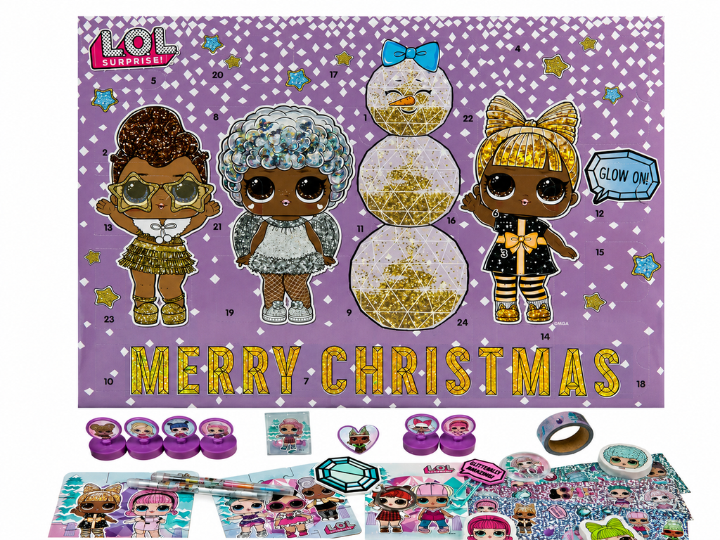 LOL Surprise Adventskalender Inhalt – 6 Mini-Stempel, Sticker, Washi Tape, Stifte, Malblock & Accessoires mit LOL Surprise Puppen-Motiven