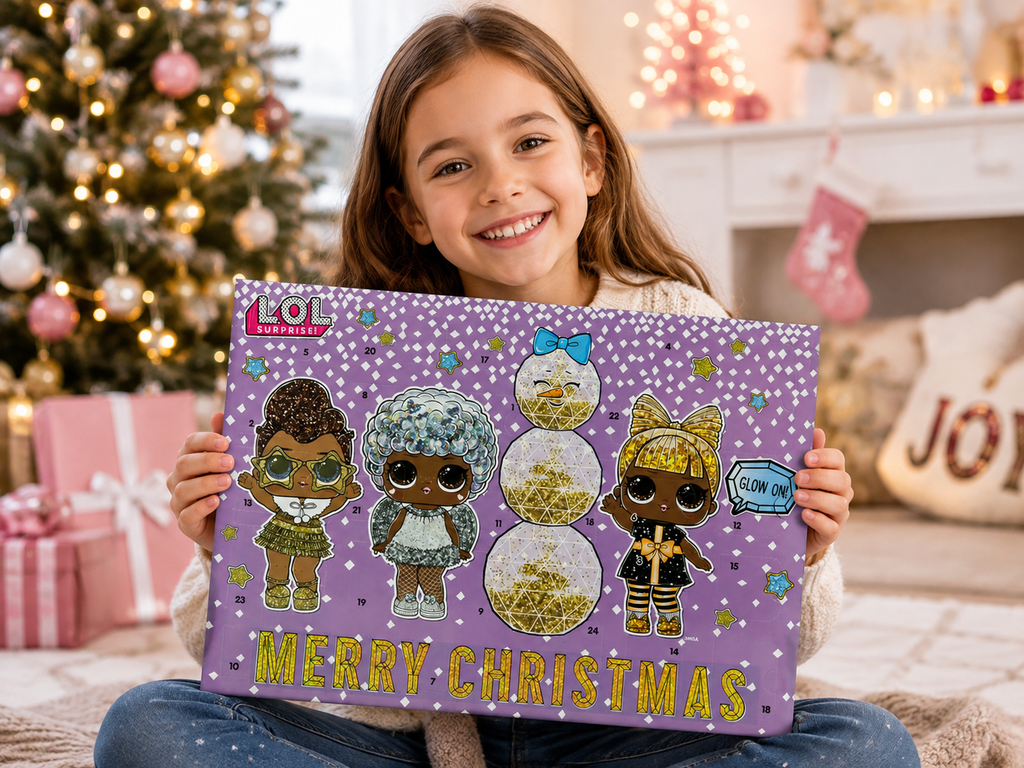 Lächelndes Mädchen hält LOL Surprise Adventskalender „Merry Christmas" – festliches Wohnzimmer mit Weihnachtsbaum, Kamin & Geschenken im Hintergrund