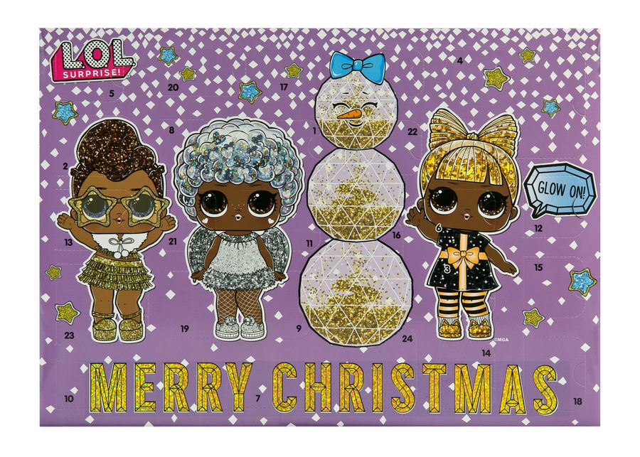 LOL Surprise Adventskalender Vorderseite – „Merry Christmas" mit 3 Glitzer-Puppen & Schneemann auf lila Hintergrund, 24 Türchen, Glow On