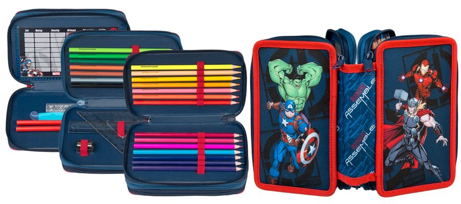 Marvel Avengers Schüleretui Tripledecker 3-fach geöffnet mit Füllung – Buntstifte, Stundenplan & geschlossene Ansicht, blau-rot, Freisteller