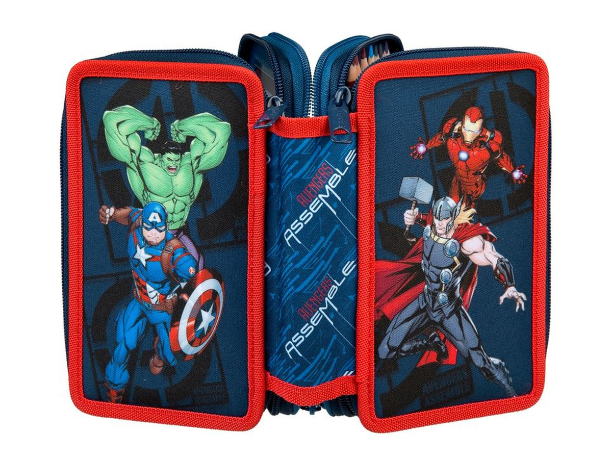 Marvel Avengers Schüleretui Tripledecker 3-fach geöffnet leer – Hulk, Captain America, Thor & Iron Man Design, blau-rot, Freisteller