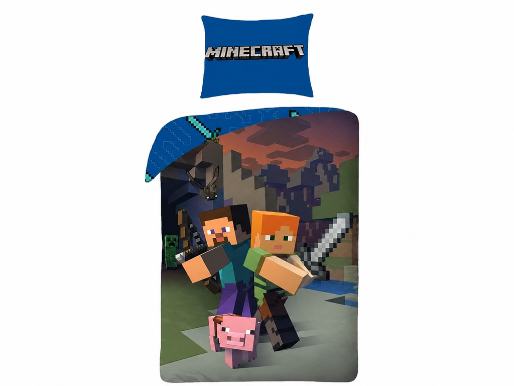 Minecraft Bettwäsche Kinder blau – Steve Alex Creeper Design Bettbezug mit Kissenbezug