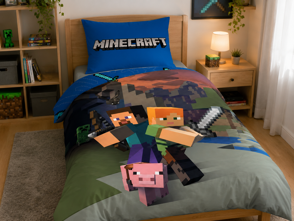 Minecraft Bettwäsche Kinderzimmer – blaues 2-teiliges Set mit Steve Alex Creeper Motiv auf Bett