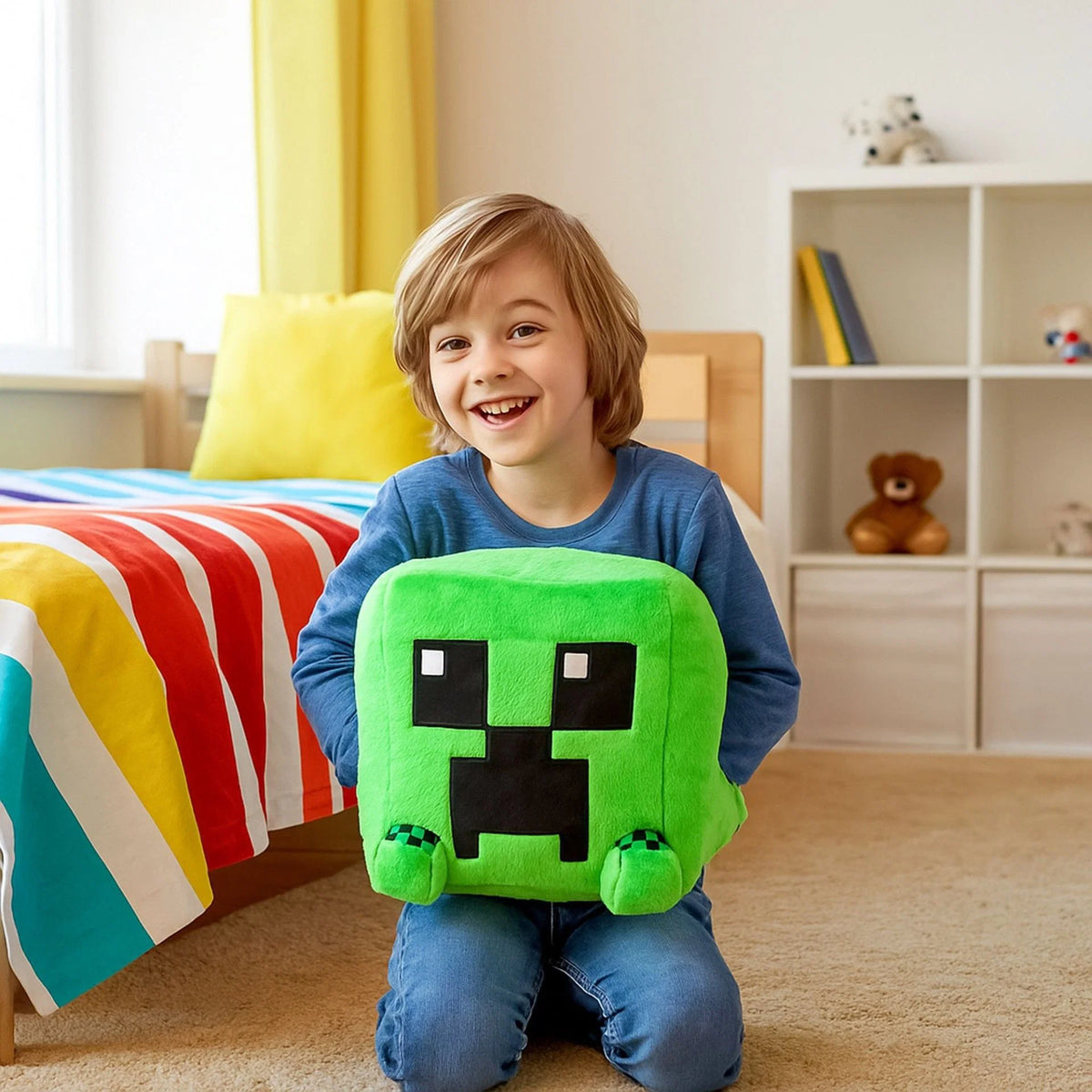 Minecraft Creeper Kuschelkissen Kinder – weiches Plüsch Lesekissen Handwärmer grün
