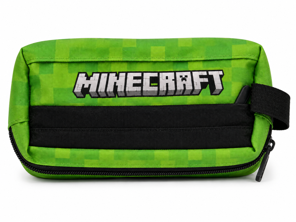 Minecraft Federmäppchen grün-schwarz mit weißem Minecraft-Logo für Kinder