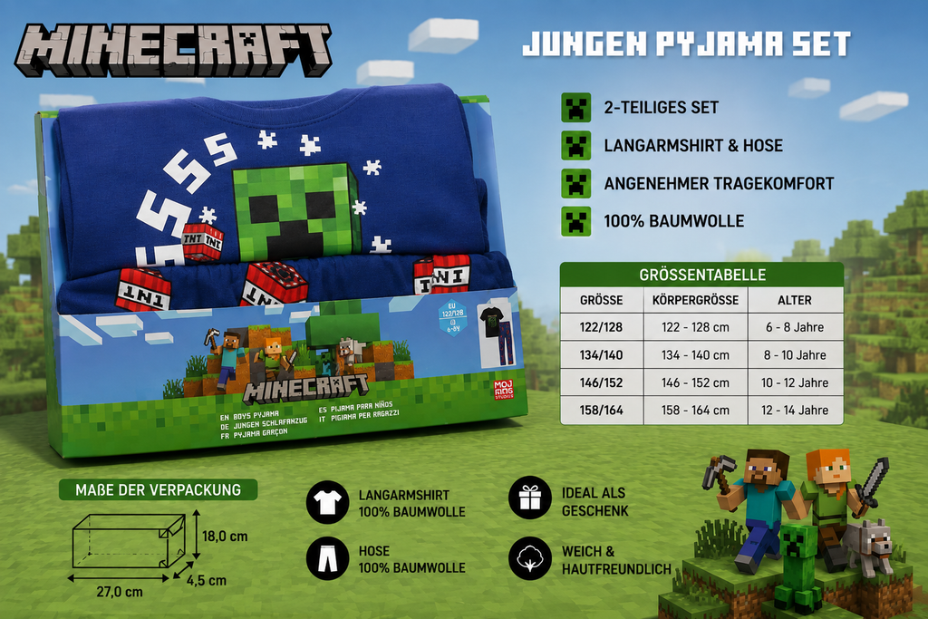 Minecraft Jungen Pyjama Set „Creepers Need Hugs" blau – 2-teilig, 100% Baumwolle, Größen 122/128 bis 158/164, ideal als Geschenk