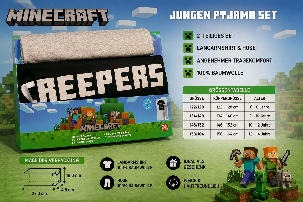 Minecraft Jungen Pyjama Set 2-teilig – Langarmshirt & Hose, 100% Baumwolle, Größen 122/128 bis 158/164 (6-14 Jahre), ideal als Geschenk
