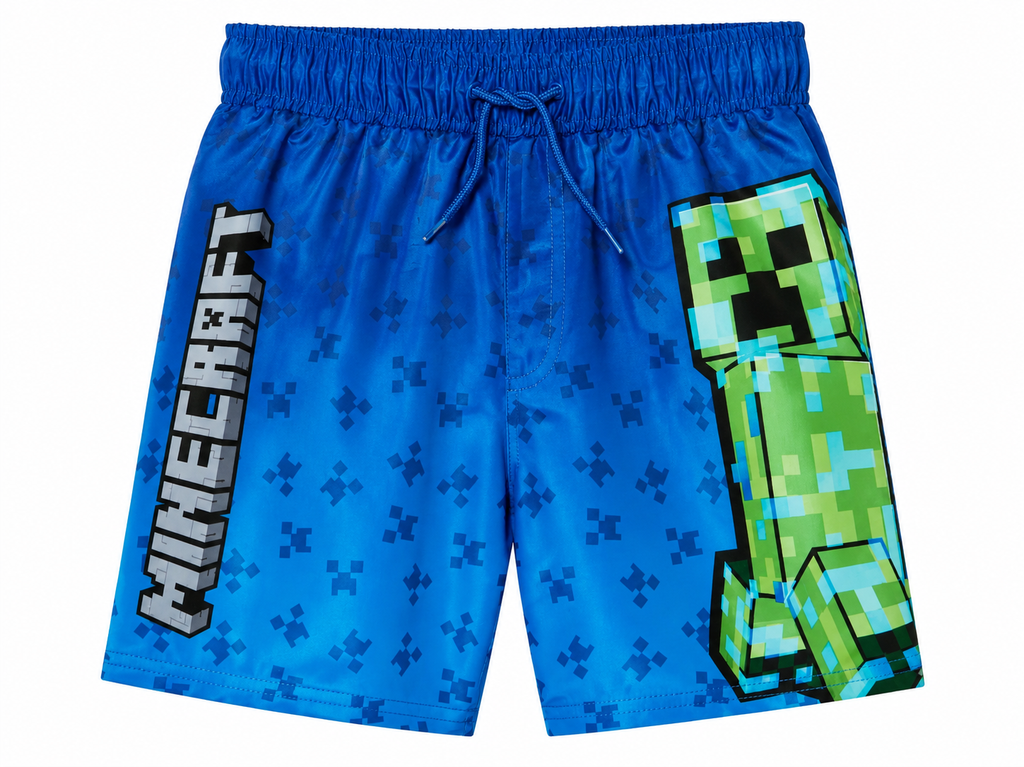 Minecraft Kinder Badeshorts blau mit großem Creeper-Print und Minecraft-Logo – elastischer Bund mit blauem Kordelzug