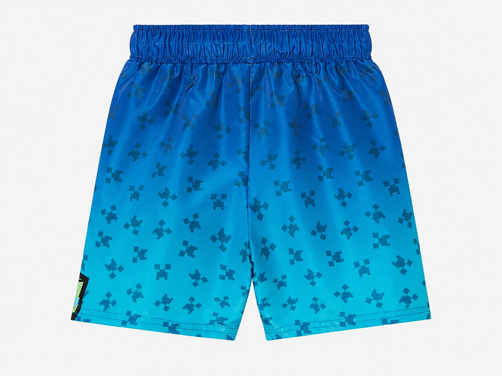 Minecraft Kinder Badeshorts blau-türkis – Rückansicht mit Farbverlauf und subtilen Creeper-Kopf Muster, elastischer Bund