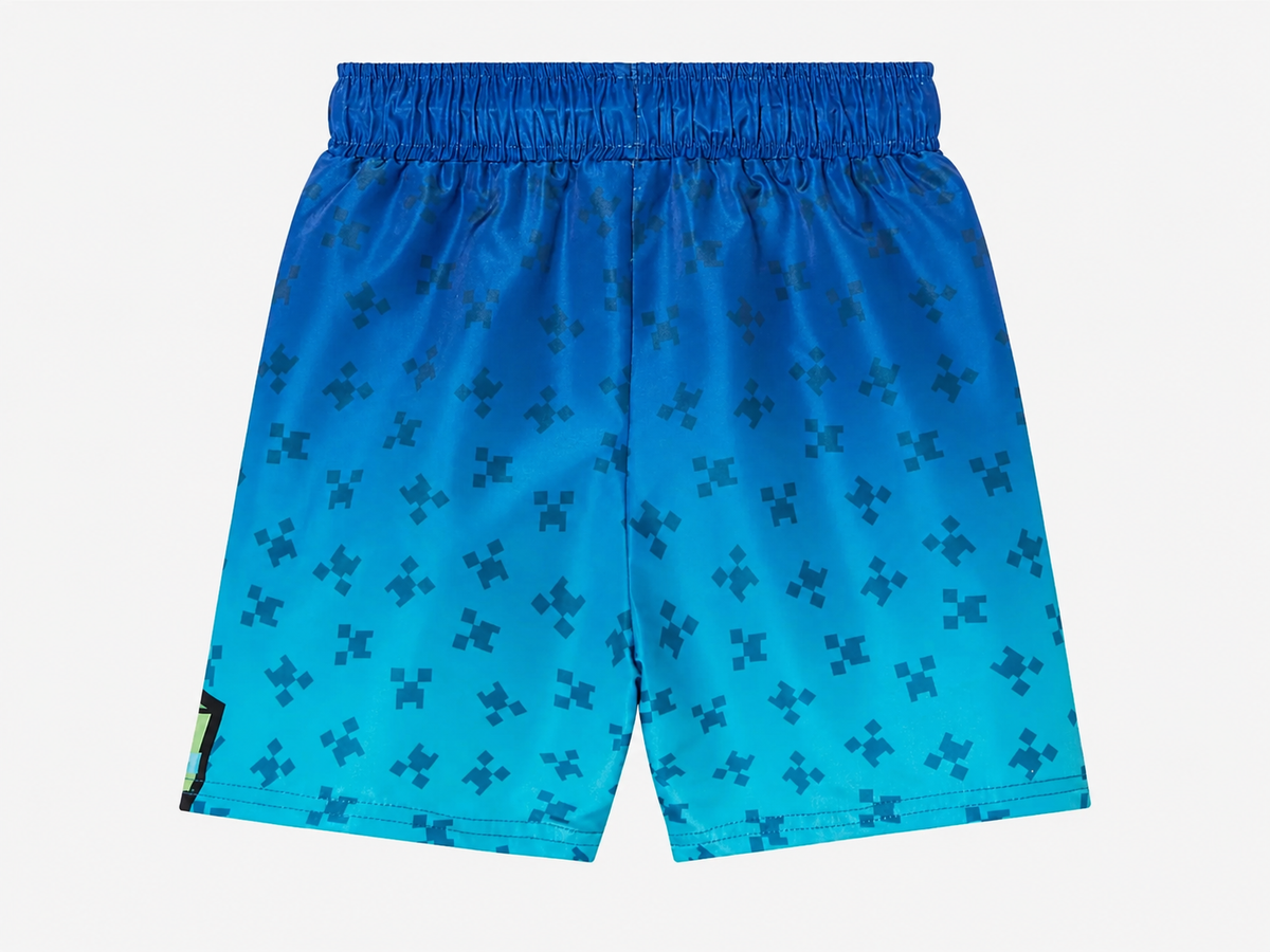 Minecraft Kinder Badeshorts blau-türkis – Rückansicht mit Farbverlauf und subtilen Creeper-Kopf Muster, elastischer Bund