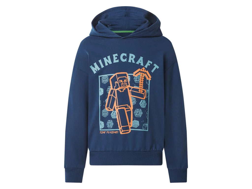 Minecraft Kinder Hoodie dunkelblau mit Steve und Spitzhacke Aufdruck – „Time to Mine" Kapuzenpullover für Jungen