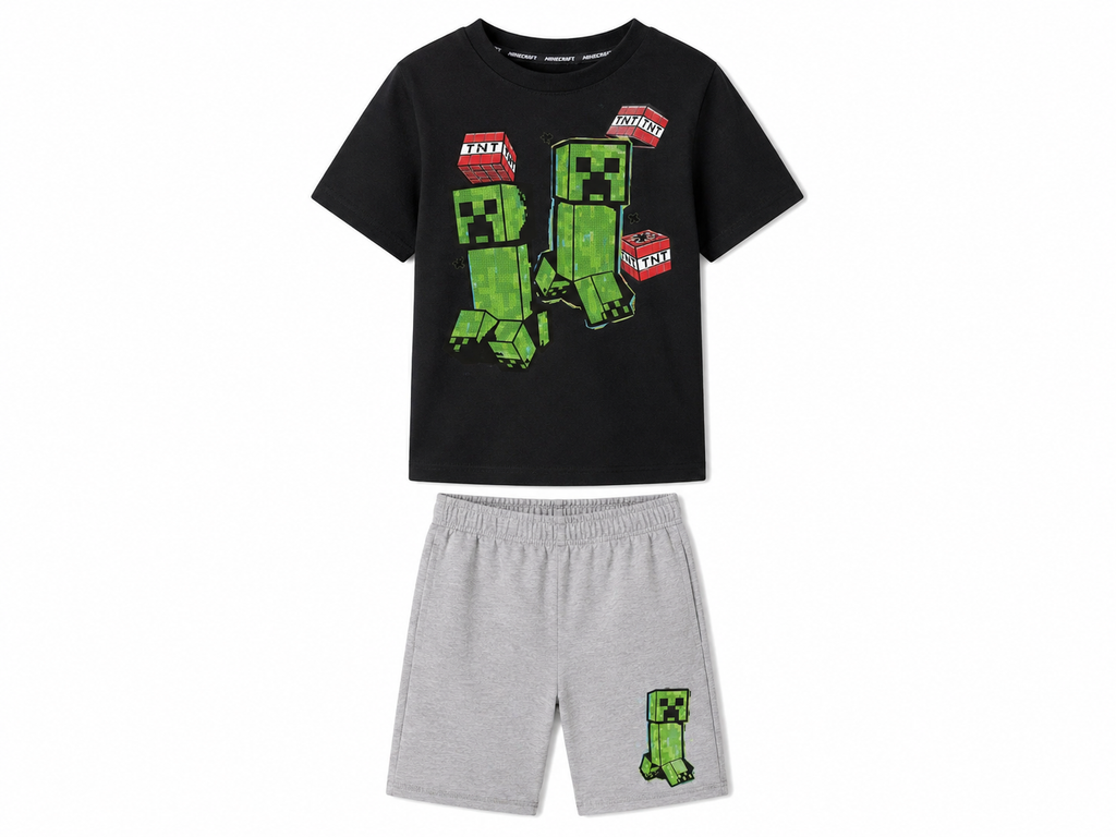 Minecraft Kinder Schlafanzug 2-teilig – schwarzes T-Shirt mit Creeper und TNT-Aufdruck, graue Shorts mit Creeper-Logo