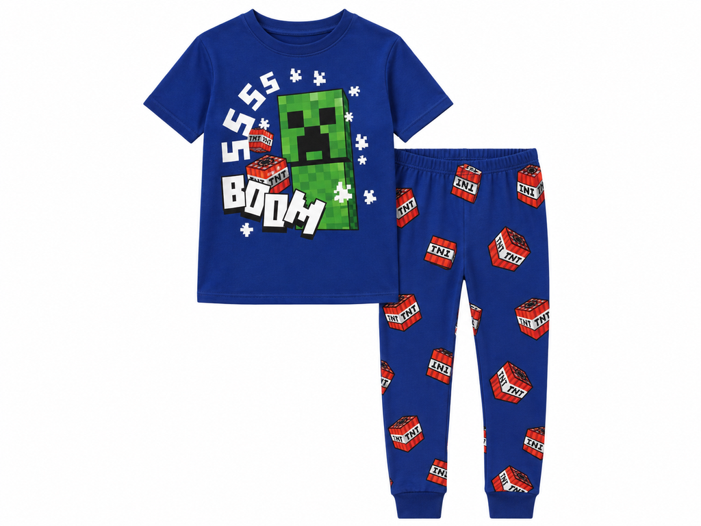 Minecraft Kinder Schlafanzug 2-teilig blau – T-Shirt mit Creeper „SSS Boom" und Hose mit TNT-Allover-Print