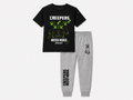 Minecraft Kinder Schlafanzug 2-teilig – schwarzes T-Shirt „Creepers Need Hugs" mit grauer Jogginghose und Creeper-Print