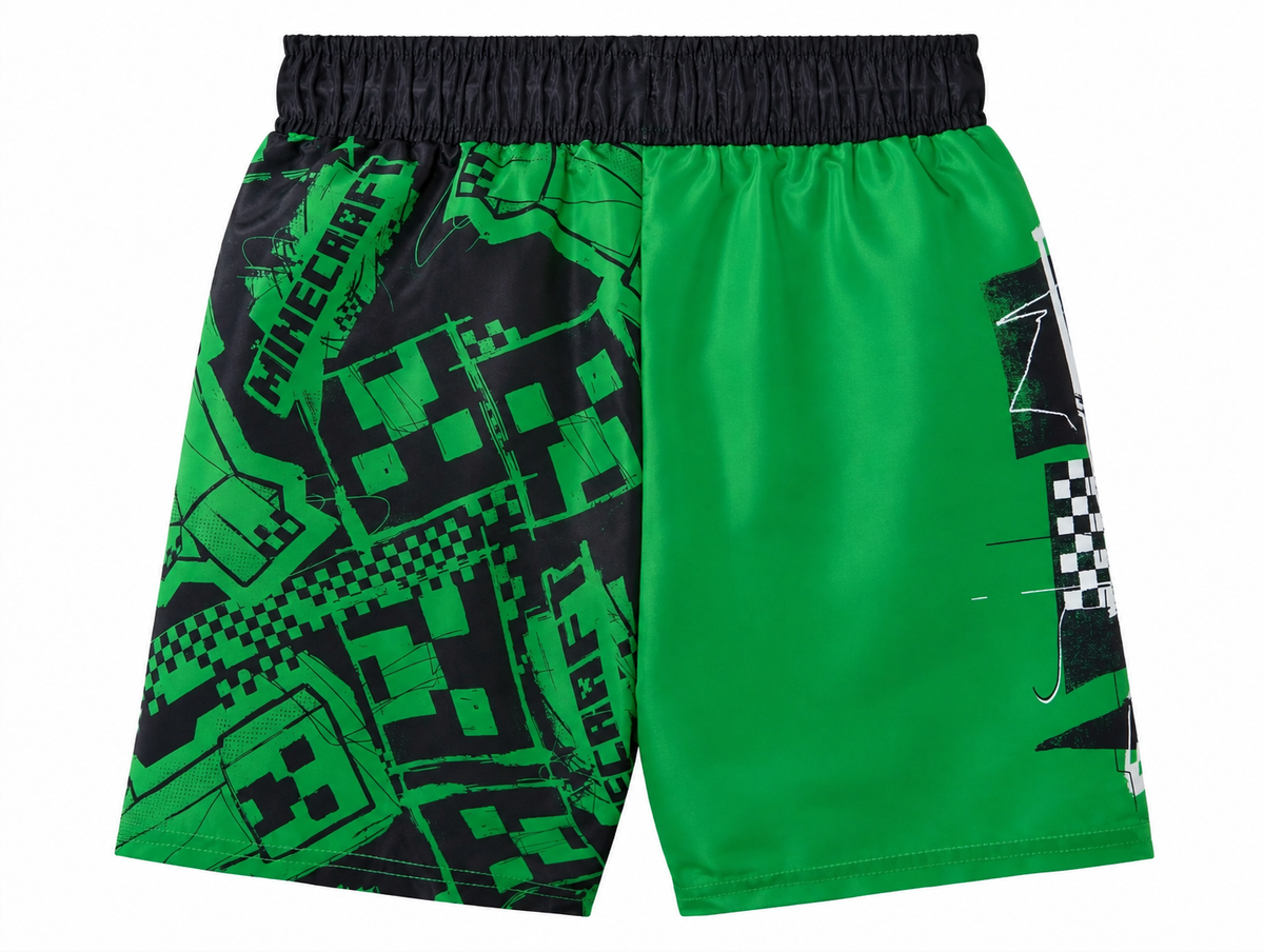Minecraft Kinder Shorts grün-schwarz – Rückansicht mit Creeper Allover-Print und schwarzem elastischem Bund