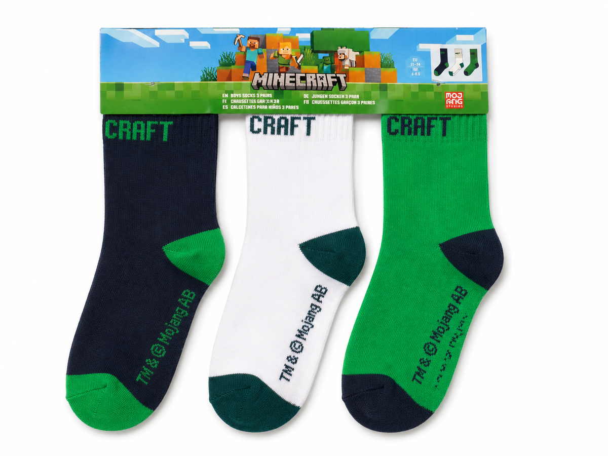 Minecraft Jungen Socken 3er Pack – „Craft" Schriftzug in navy, weiß und grün mit grünen Absätzen, EU 31–34 (UK 6–8.5), Mojang Studios