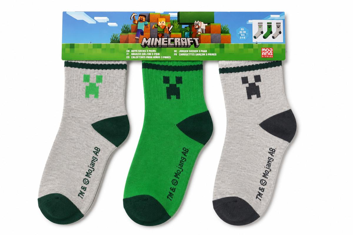 Minecraft Jungen Socken 3er Pack – Creeper-Kopf Motiv in grün, dunkelgrün und grau, EU 35–38 (UK 3–5), Mojang Studios