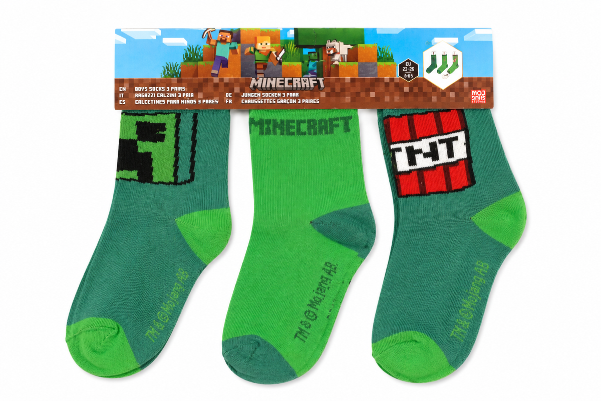 Minecraft Jungen Socken 3er Pack – Creeper, Minecraft-Schriftzug und TNT-Block Motiv, dunkelgrün-hellgrün, EU 23–26, Mojang Studios