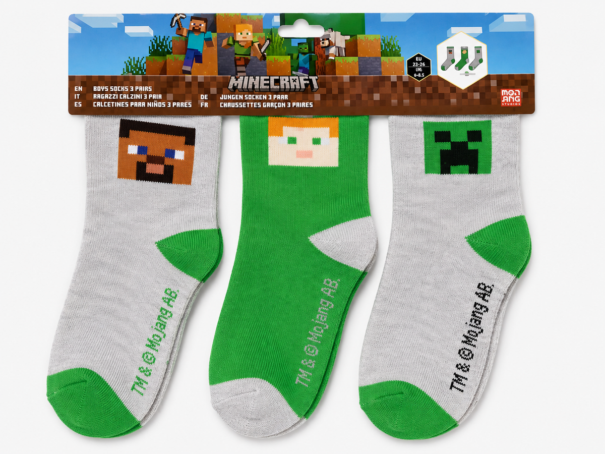Minecraft Jungen Socken 3er Pack – Steve, Alex und Creeper Motiv, grün-grau, EU 23–26 (UK 6–8.5), Mojang Studios
