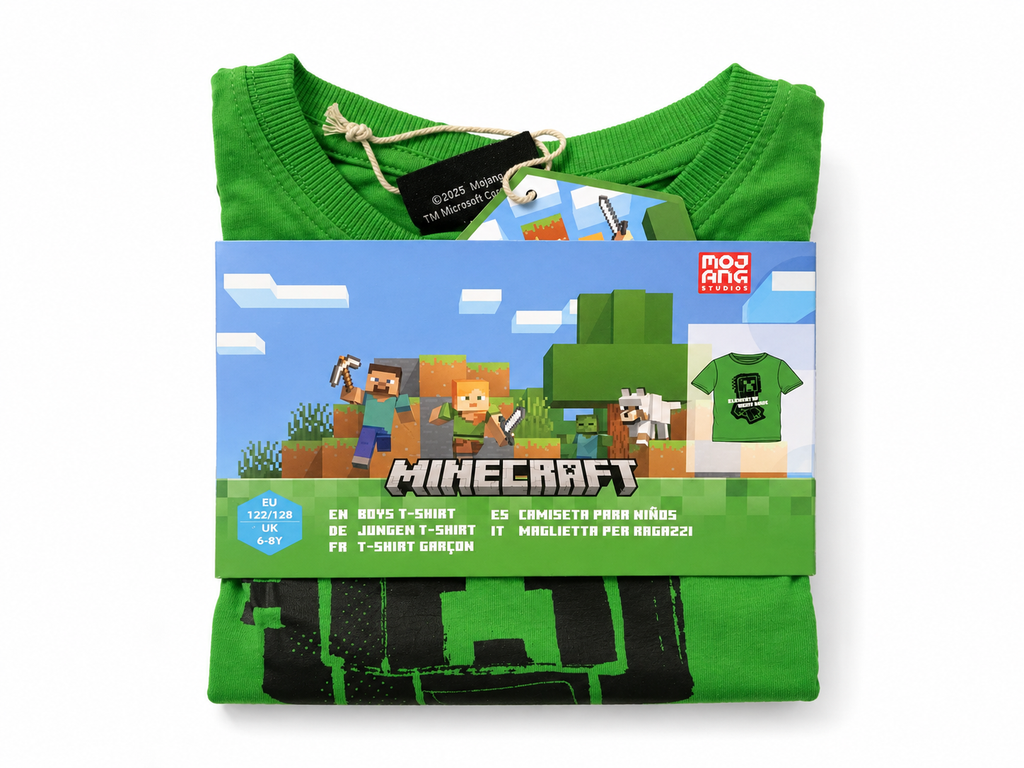 Minecraft Jungen T-Shirt grün in Originalverpackung – Mojang Studios, Größe EU 122/128 (UK 6-8Y), Steve und Alex Motiv