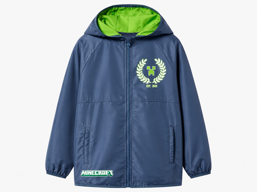 Minecraft Kinder Windbreaker blau mit grünem Kapuzenfutter – Creeper „EST. 2009" Aufdruck, Reißverschluss, Seitentaschen