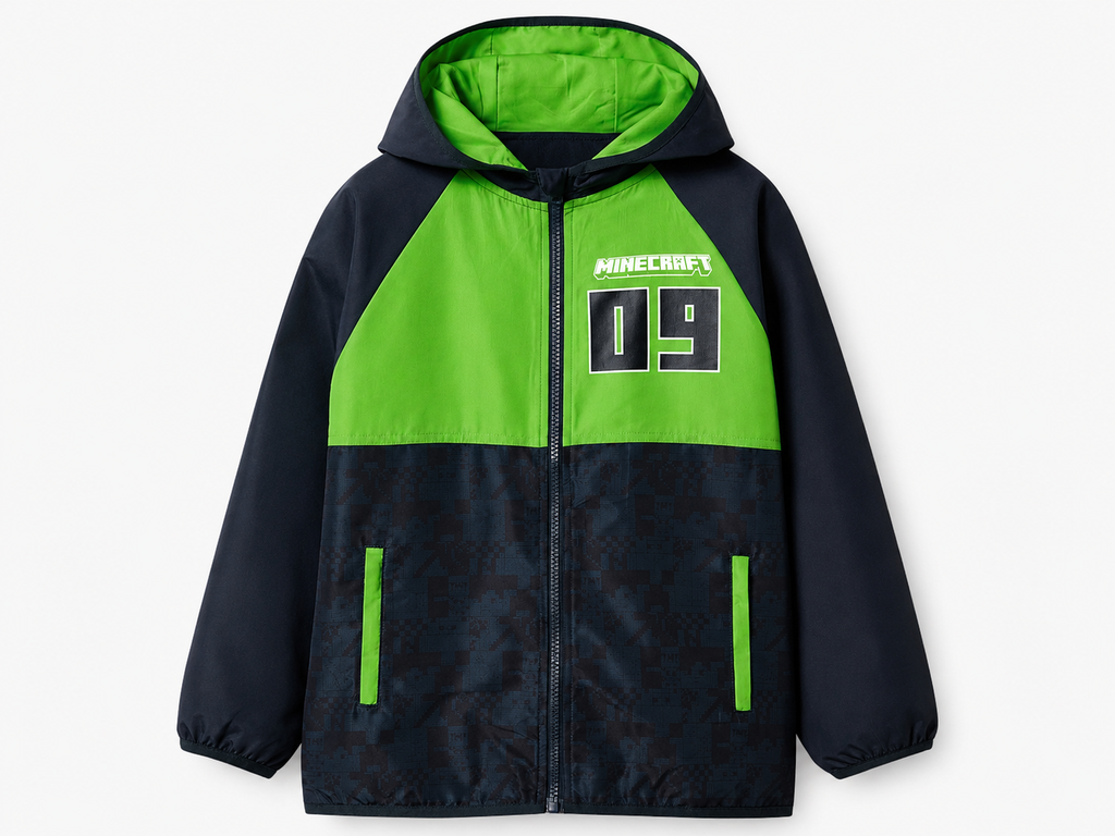 Minecraft Kinder Windbreaker schwarz-grün mit „Minecraft 09" Aufdruck – zweifarbige Kapuzenjacke mit grünen Reißverschlusstaschen