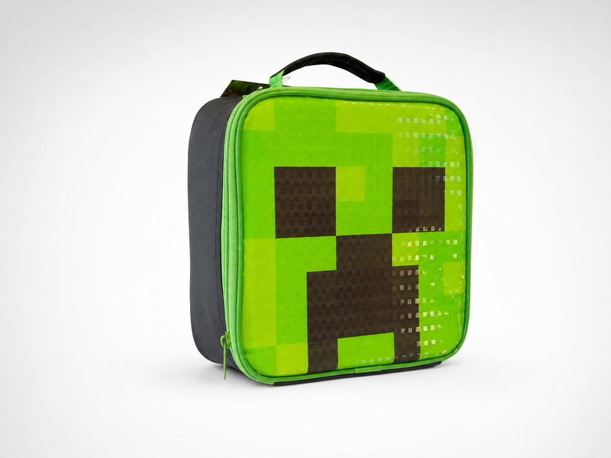 Minecraft Lunchbag grün-grau mit Creeper-Gesicht – isolierte Thermotasche für Schule und Ausflüge