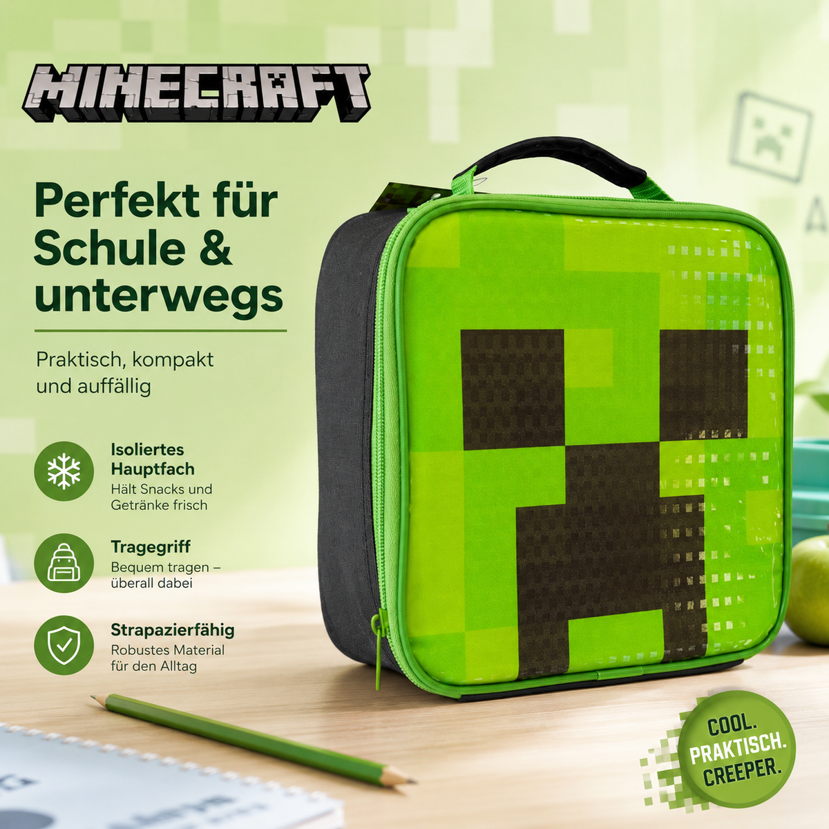 Minecraft Lunchbag Creeper – isoliertes Hauptfach, Tragegriff, strapazierfähig – perfekt für Schule und unterwegs