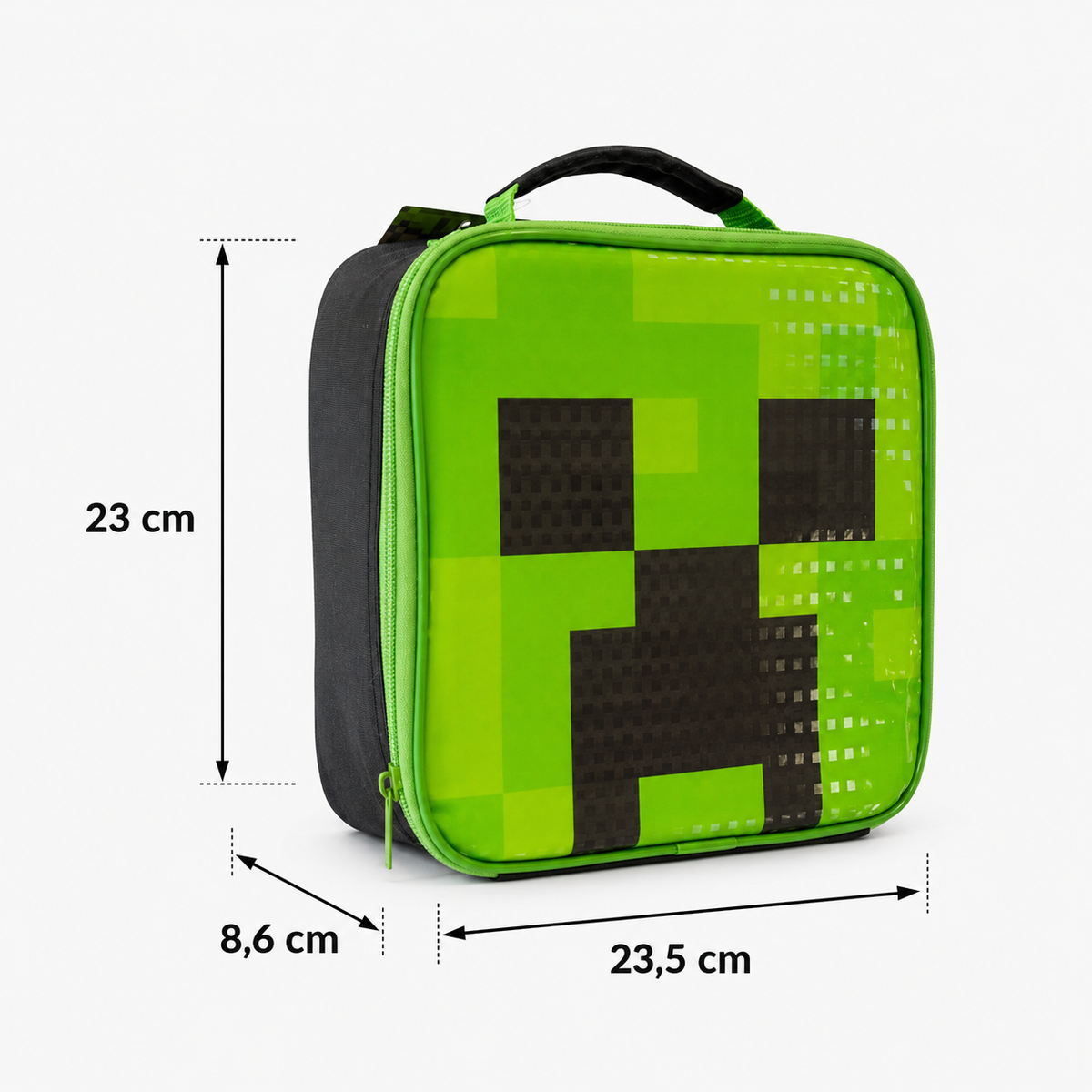 Minecraft Lunchbag Creeper mit Maßangaben – 23 cm hoch, 23,5 cm breit, 8,6 cm tief