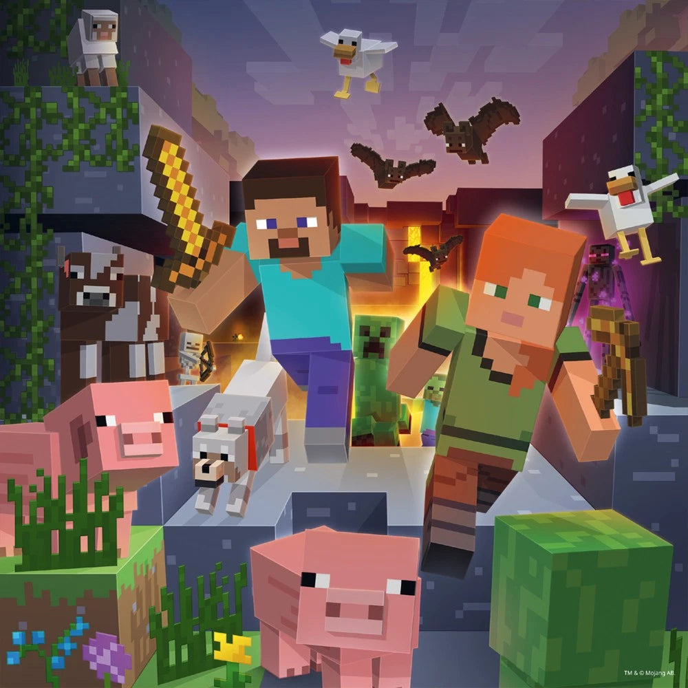 Minecraft Puzzle-Motiv Abenteuer – Steve mit Goldschwert und Alex mit Creeper, Schwein, Wolf, Fledermaus und weiteren Mobs