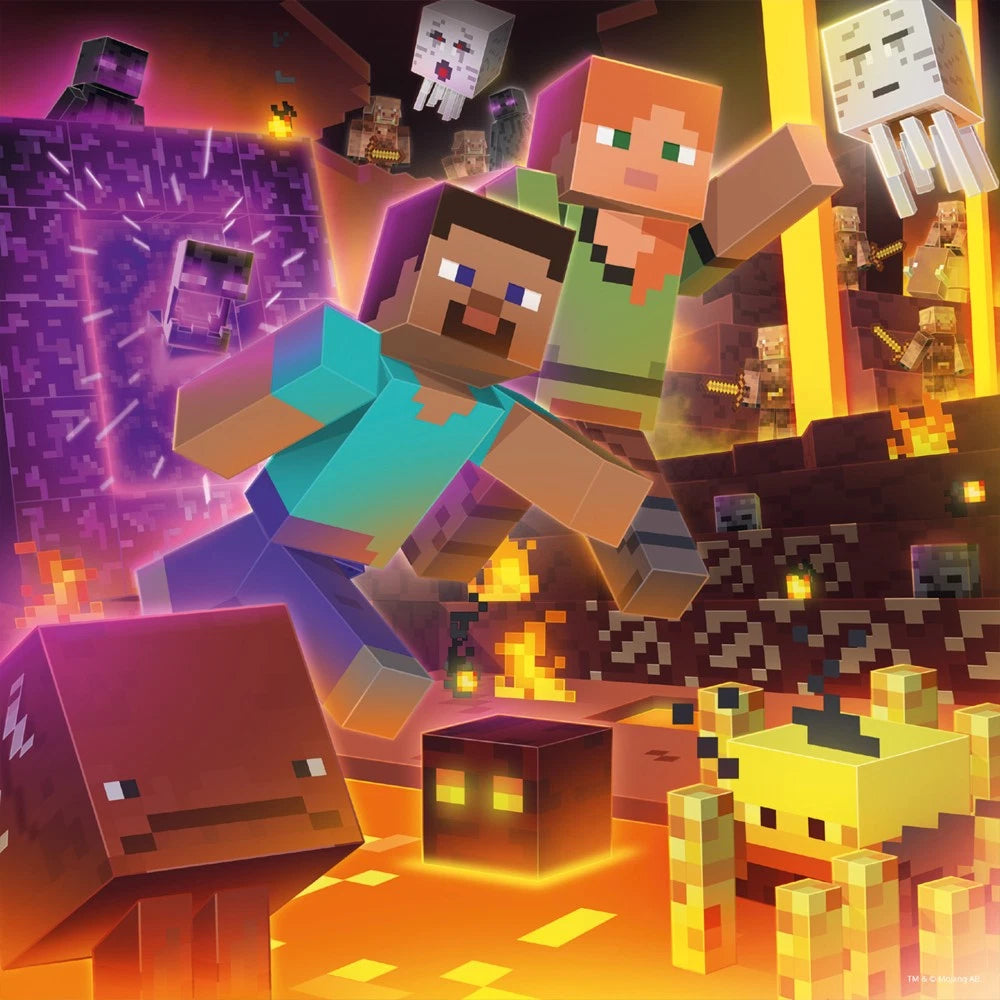 Minecraft Puzzle-Motiv Nether – Steve und Alex fliehen vor Ghast, Magmawürfel und Enderman in der Lava-Welt