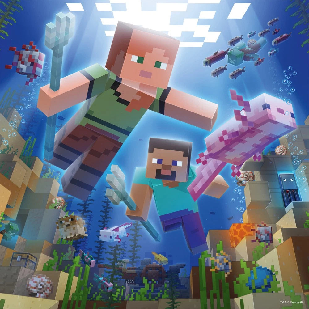Minecraft Puzzle-Motiv Unterwasserwelt – Alex und Steve tauchen mit Axolotl, Fischen und Meereskreaturen