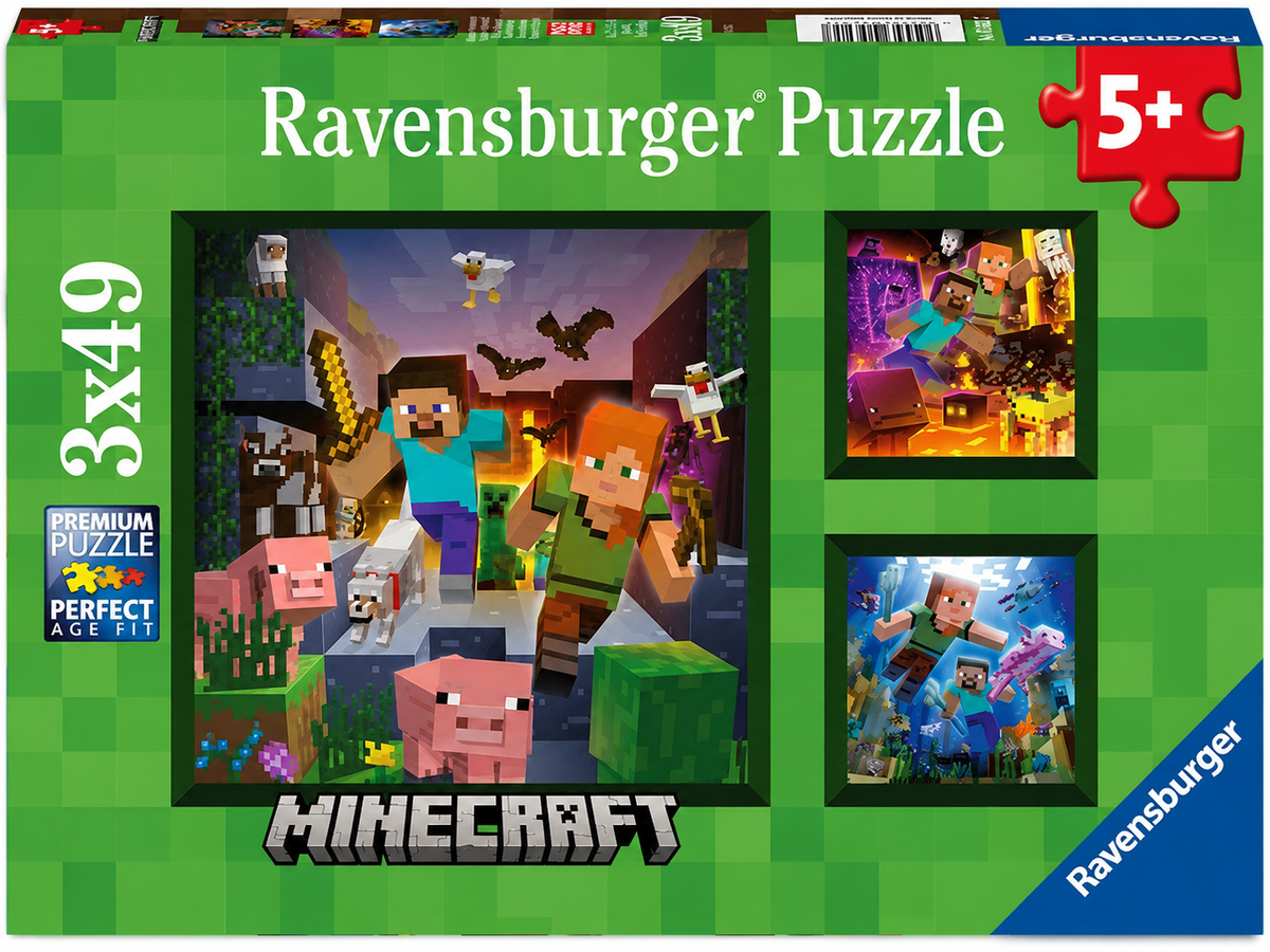 Minecraft Ravensburger Puzzle 3x49 Teile – Steve, Alex und Tiere in 3 Motiven, ab 5 Jahren, Premium Puzzle